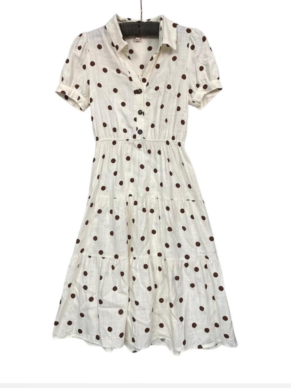 Monteau Los Angeles Cream Brown Polka Dot Linen Midi Dress, M Tiered Ruffle NWT - Picture 3 of 5
